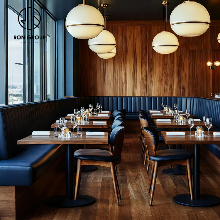 Modern Blue Restaurant Booth Seating Set with Wooden Tables and Dining Chairs