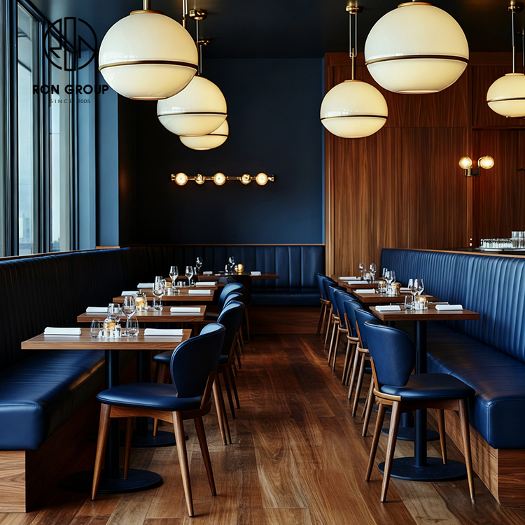 Modern Blue Restaurant Booth Seating Set with Wooden Tables and Dining Chairs