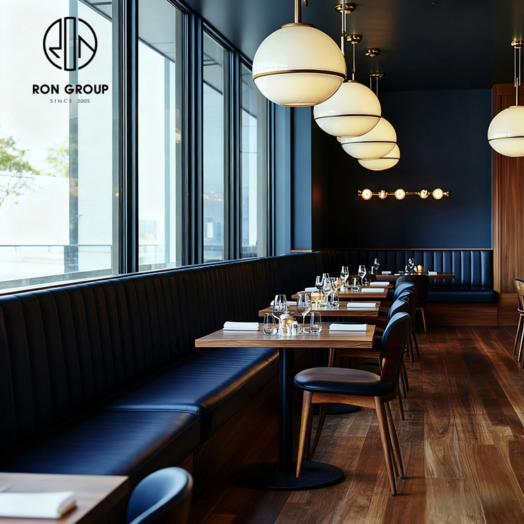 Modern Blue Restaurant Booth Seating Set with Wooden Tables and Dining Chairs