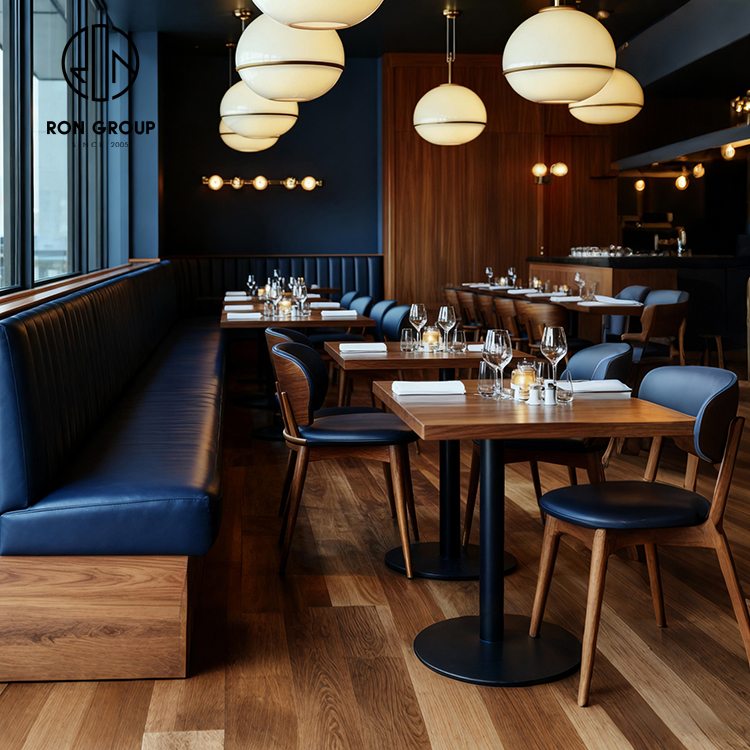 Modern Blue Restaurant Booth Seating Set with Wooden Tables and Dining Chairs