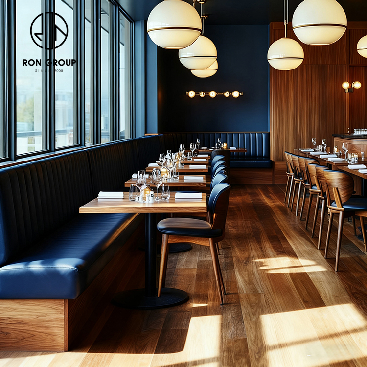 Modern Blue Restaurant Booth Seating Set with Wooden Tables and Dining Chairs