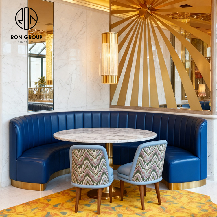 Luxury Blue Leather Curved Booth with Marble Table And Chair