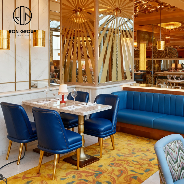 Luxury Blue Leather Curved Booth with Marble Table And Chair