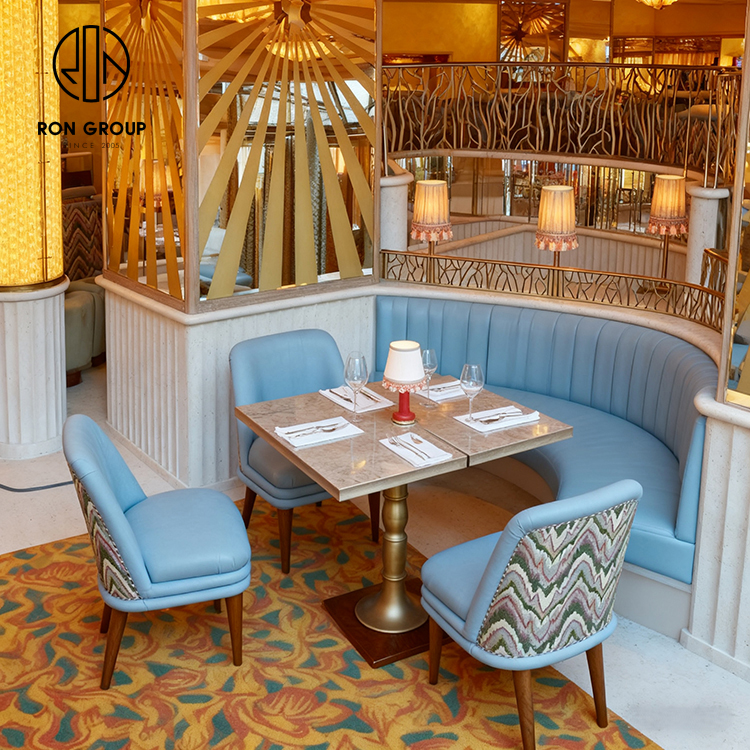 Luxury Blue Leather Curved Booth with Marble Table And Chair