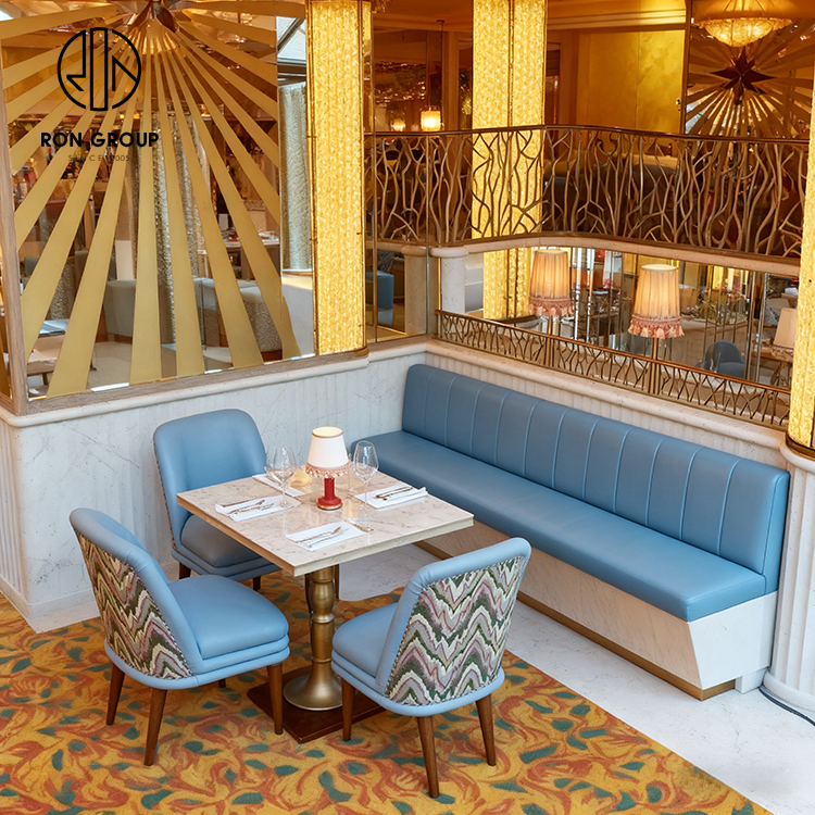Luxury Blue Leather Curved Booth with Marble Table And Chair