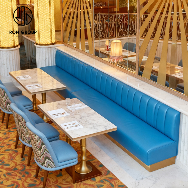 Luxury Blue Leather Curved Booth with Marble Table And Chair