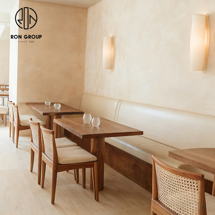 Minimalist Wood Restaurant Furniture Set with Cream Leather Booth Seating and Rattan Back Dining Chairs