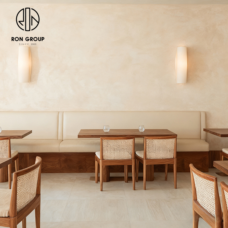Minimalist Wood Restaurant Furniture Set with Cream Leather Booth Seating and Rattan Back Dining Chairs