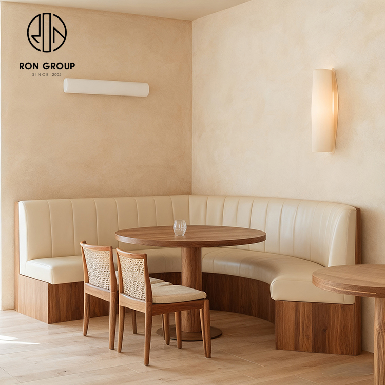 Minimalist Wood Restaurant Furniture Set with Cream Leather Booth Seating and Rattan Back Dining Chairs