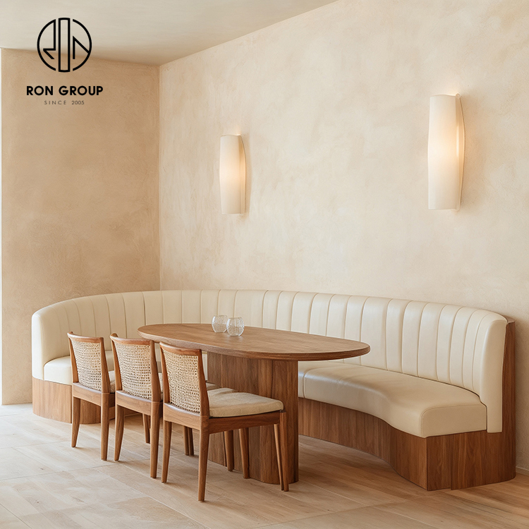 Minimalist Wood Restaurant Furniture Set with Cream Leather Booth Seating and Rattan Back Dining Chairs