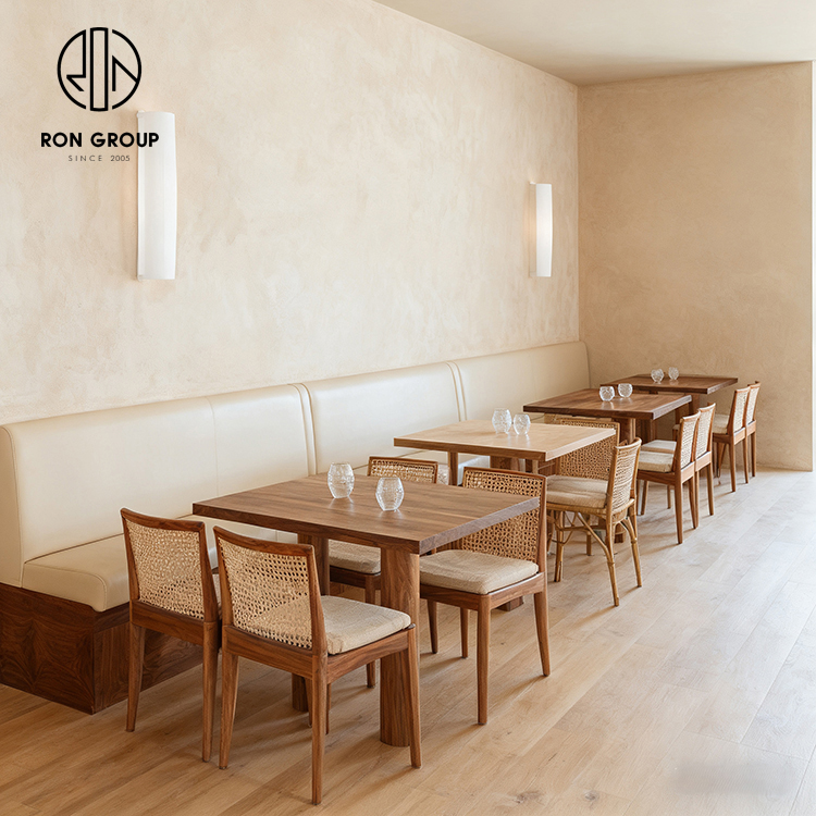Minimalist Wood Restaurant Furniture Set with Cream Leather Booth Seating and Rattan Back Dining Chairs