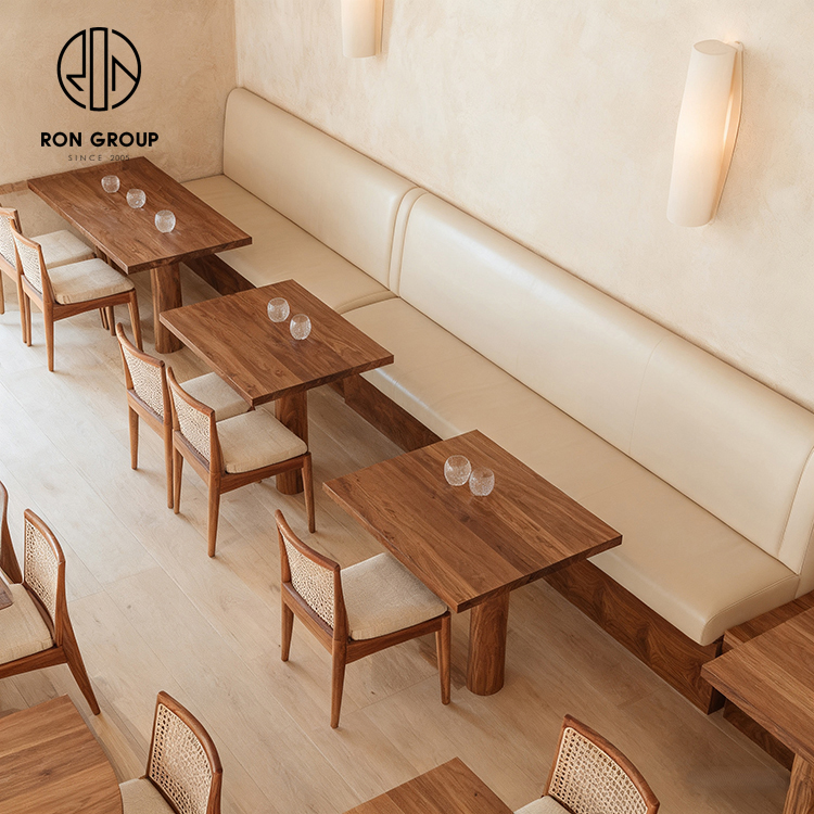 Minimalist Wood Restaurant Furniture Set with Cream Leather Booth Seating and Rattan Back Dining Chairs