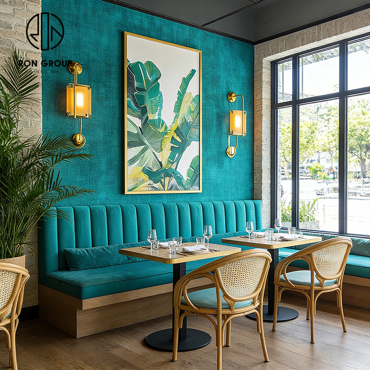 Teal Velvet and Rattan Integrated Cafe Restaurant Furniture Set