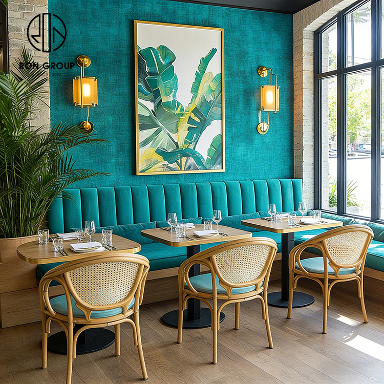 Teal Velvet and Rattan Integrated Cafe Restaurant Furniture Set