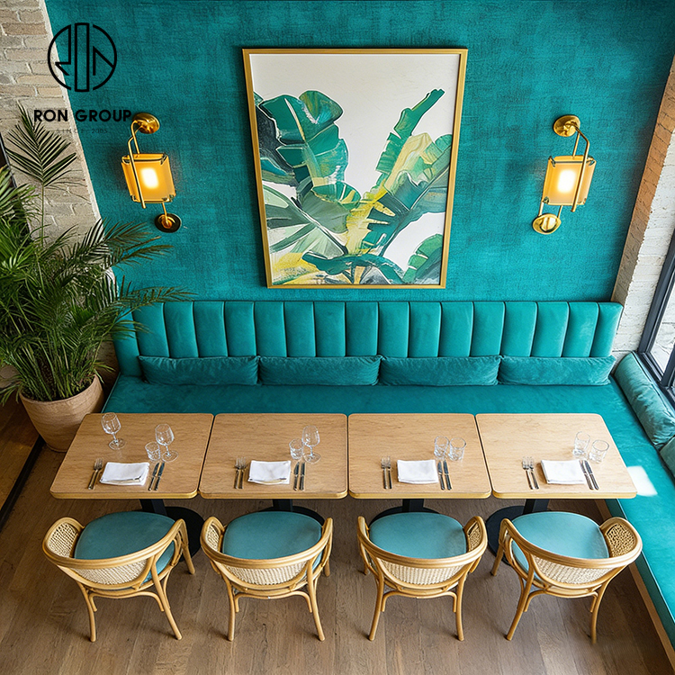 Teal Velvet and Rattan Integrated Cafe Restaurant Furniture Set