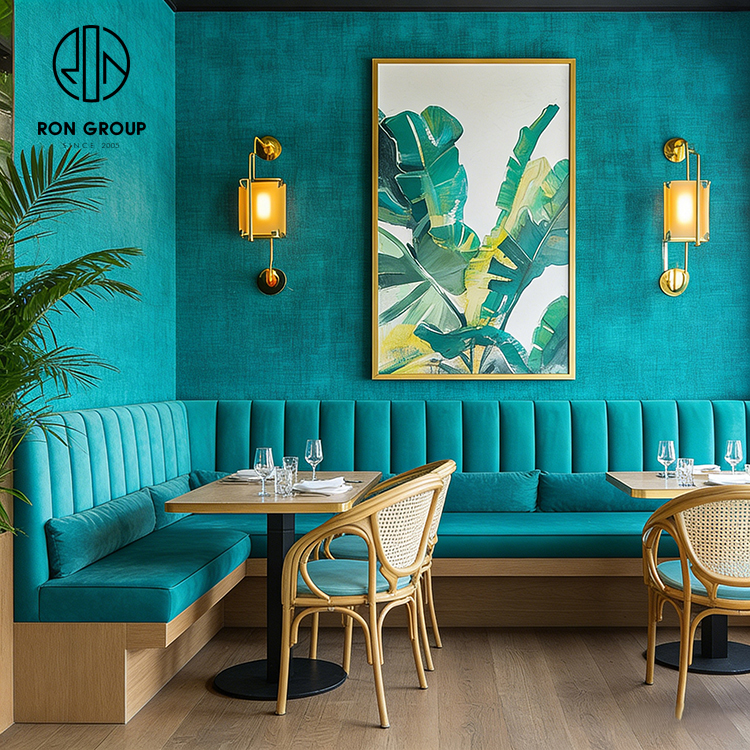 Teal Velvet and Rattan Integrated Cafe Restaurant Furniture Set