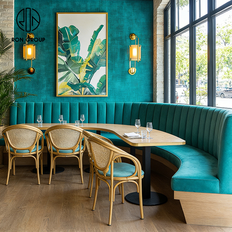 Teal Velvet and Rattan Integrated Cafe Restaurant Furniture Set