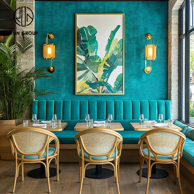Teal Velvet and Rattan Integrated Cafe Restaurant Furniture Set
