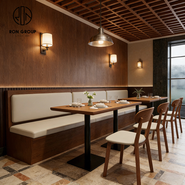 Modern Natural Wood Restaurant Furniture Set with Upholstered Booth Seating, Square Tables and Matching Dining Chairs