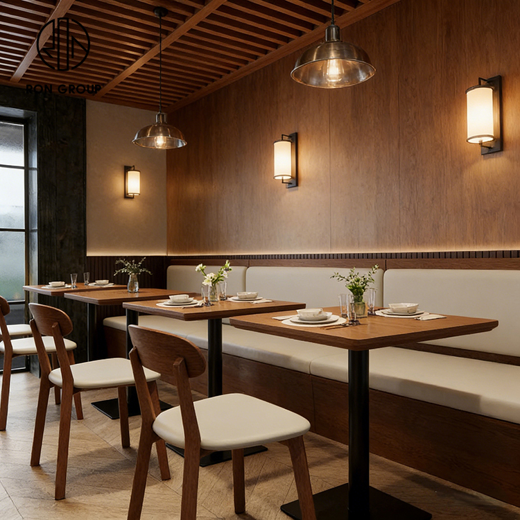 Modern Natural Wood Restaurant Furniture Set with Upholstered Booth Seating, Square Tables and Matching Dining Chairs