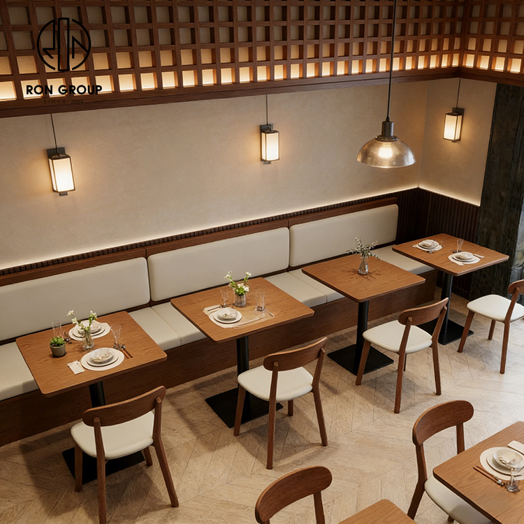 Modern Natural Wood Restaurant Furniture Set with Upholstered Booth Seating, Square Tables and Matching Dining Chairs