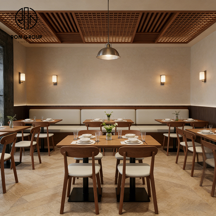 Modern Natural Wood Restaurant Furniture Set with Upholstered Booth Seating, Square Tables and Matching Dining Chairs