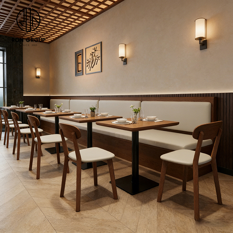 Modern Natural Wood Restaurant Furniture Set with Upholstered Booth Seating, Square Tables and Matching Dining Chairs