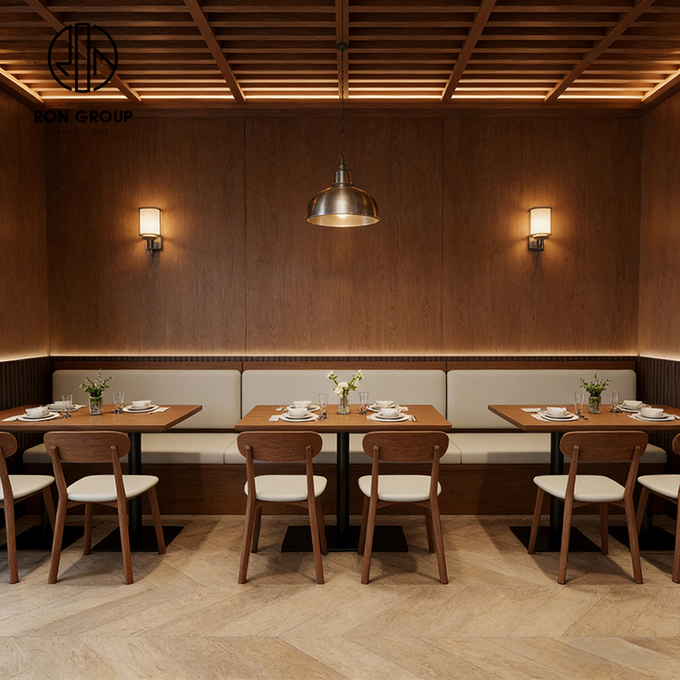 Modern Natural Wood Restaurant Furniture Set with Upholstered Booth Seating, Square Tables and Matching Dining Chairs