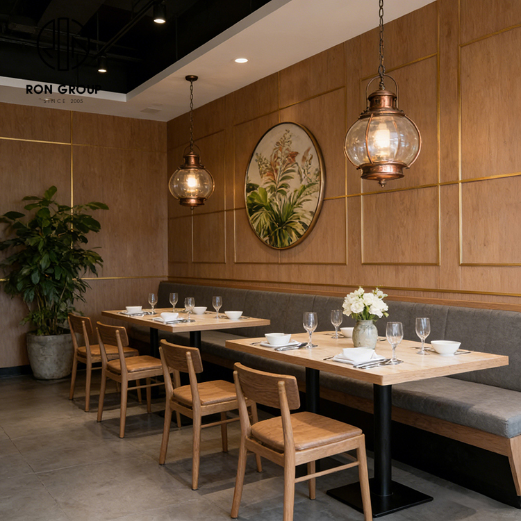 Modern Minimalist Restaurant Furniture Set with Light Wood Square Tables, Wooden Dining Chairs and Gray Upholstered Wall Bench