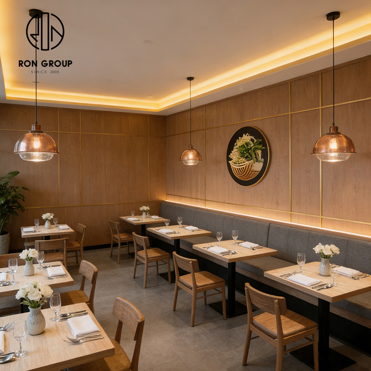 Modern Minimalist Restaurant Furniture Set with Light Wood Square Tables, Wooden Dining Chairs and Gray Upholstered Wall Bench