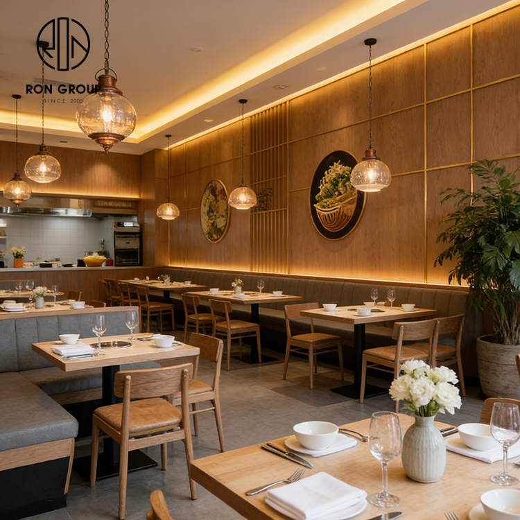 Modern Minimalist Restaurant Furniture Set with Light Wood Square Tables, Wooden Dining Chairs and Gray Upholstered Wall Bench
