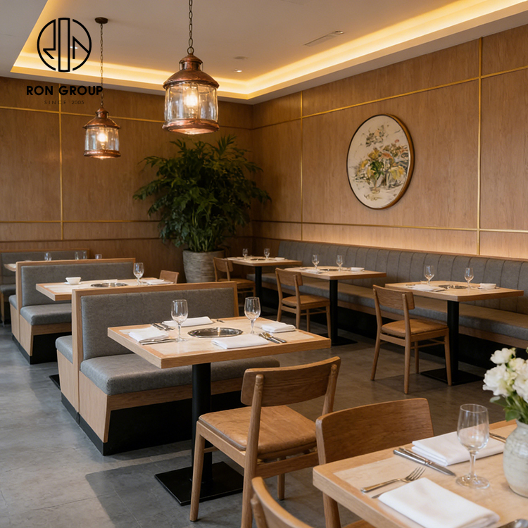 Modern Minimalist Restaurant Furniture Set with Light Wood Square Tables, Wooden Dining Chairs and Gray Upholstered Wall Bench