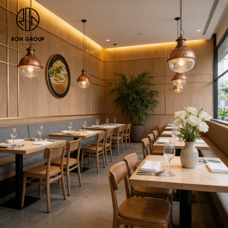 Modern Minimalist Restaurant Furniture Set with Light Wood Square Tables, Wooden Dining Chairs and Gray Upholstered Wall Bench