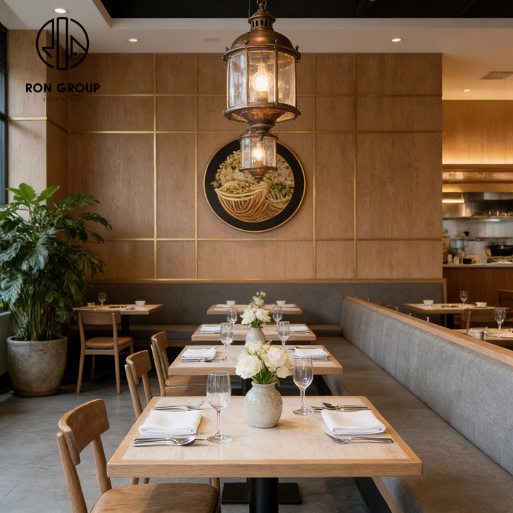 Modern Minimalist Restaurant Furniture Set with Light Wood Square Tables, Wooden Dining Chairs and Gray Upholstered Wall Bench