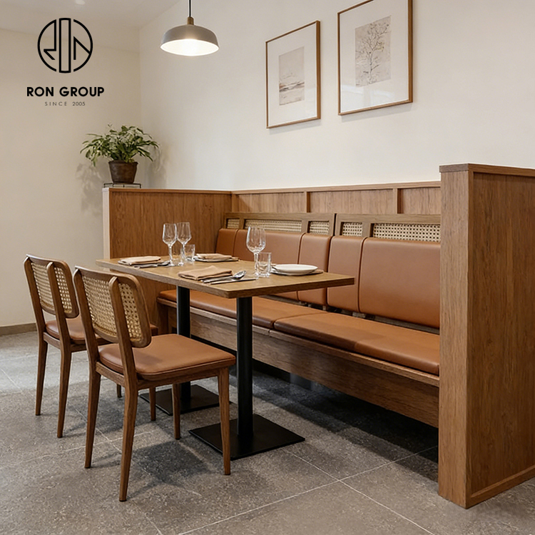 Minimalist Cafe Restaurant Furniture Set with Wooden Booth Seating, Cane Back Dining Chairs and Square Wood Table
