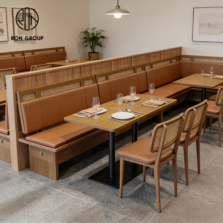Minimalist Cafe Restaurant Furniture Set with Wooden Booth Seating, Cane Back Dining Chairs and Square Wood Table