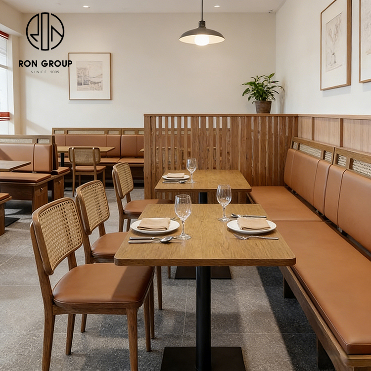 Minimalist Cafe Restaurant Furniture Set with Wooden Booth Seating, Cane Back Dining Chairs and Square Wood Table