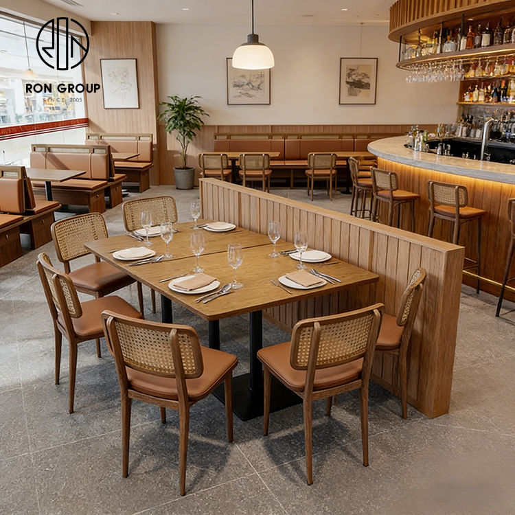 Minimalist Cafe Restaurant Furniture Set with Wooden Booth Seating, Cane Back Dining Chairs and Square Wood Table