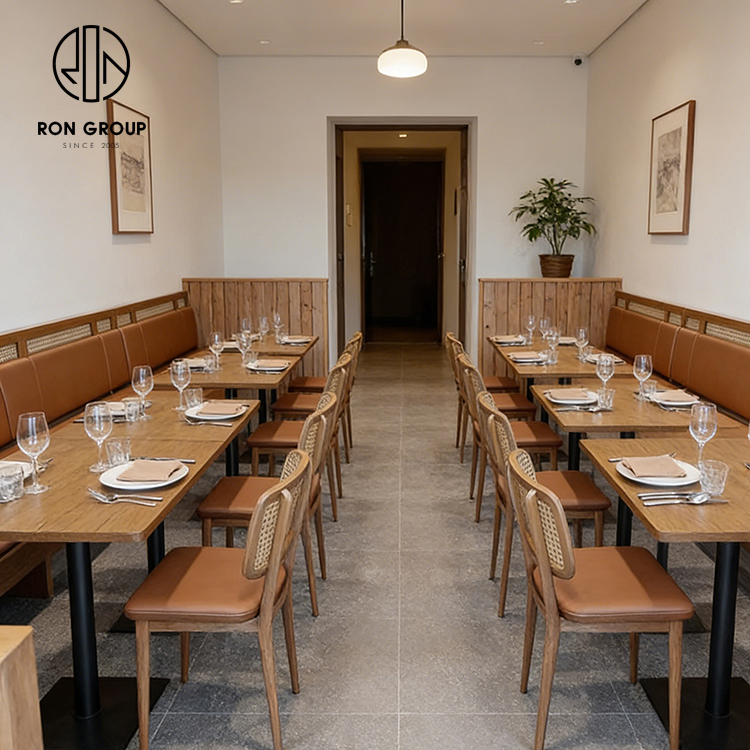 Minimalist Cafe Restaurant Furniture Set with Wooden Booth Seating, Cane Back Dining Chairs and Square Wood Table