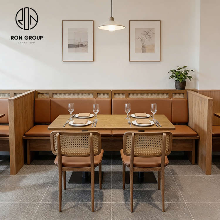 Minimalist Cafe Restaurant Furniture Set with Wooden Booth Seating, Cane Back Dining Chairs and Square Wood Table