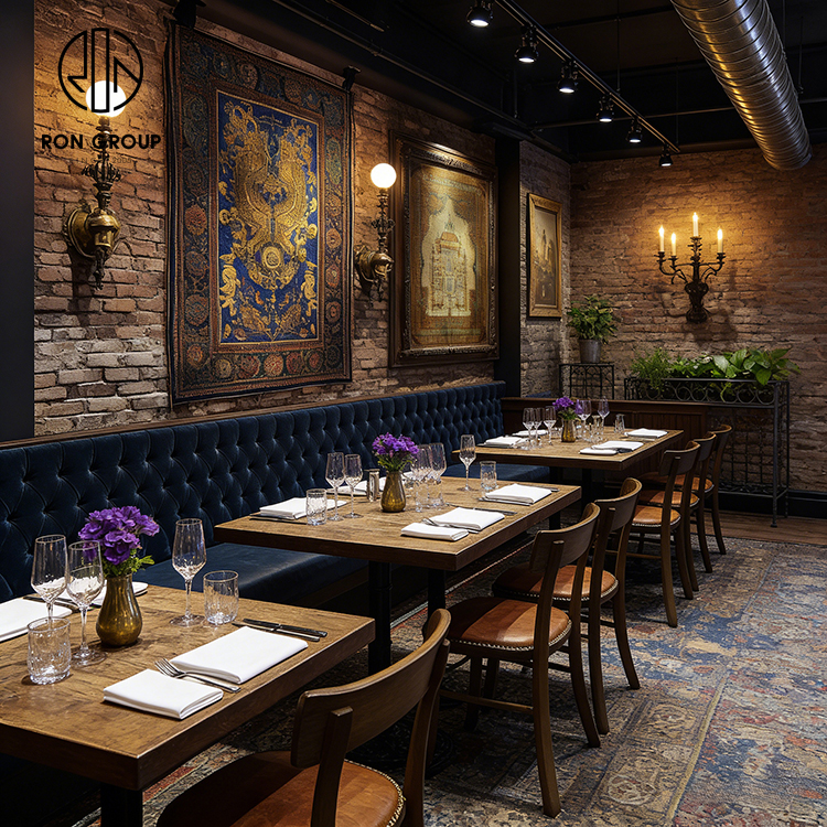 American Vintage Steakhouse Furniture Set with Blue Tufted Banquette Seating, Wooden Tables and Leather Dining Chairs