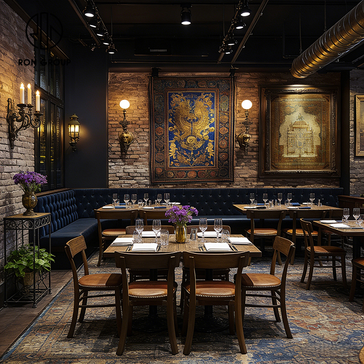 American Vintage Steakhouse Furniture Set with Blue Tufted Banquette Seating, Wooden Tables and Leather Dining Chairs