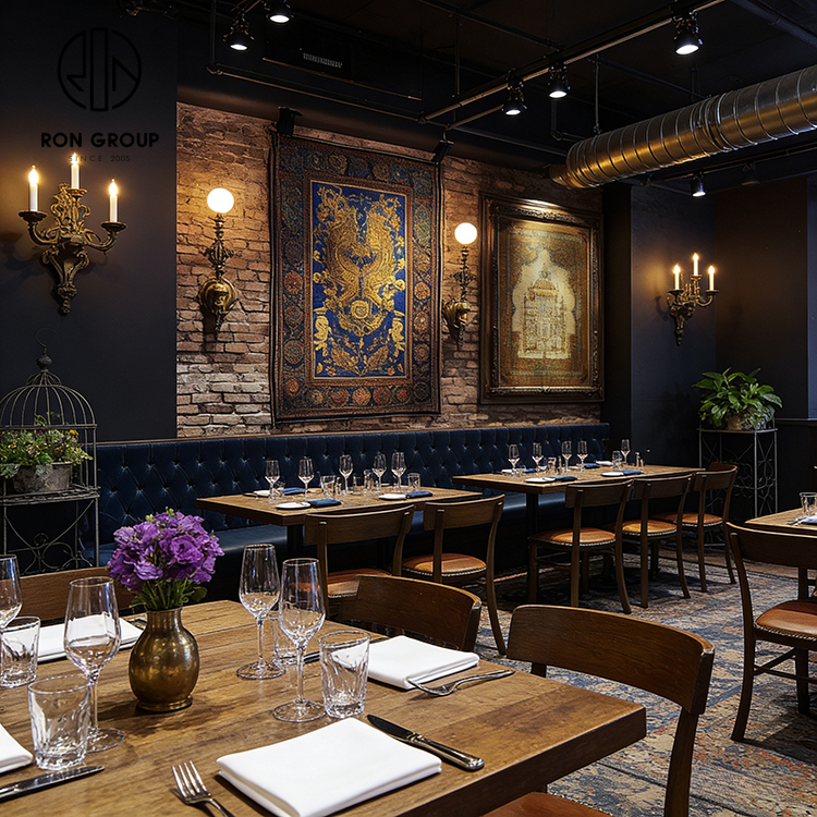 American Vintage Steakhouse Furniture Set with Blue Tufted Banquette Seating, Wooden Tables and Leather Dining Chairs