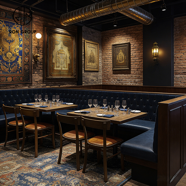 American Vintage Steakhouse Furniture Set with Blue Tufted Banquette Seating, Wooden Tables and Leather Dining Chairs