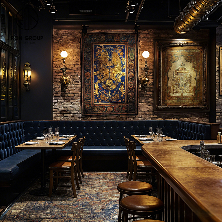 American Vintage Steakhouse Furniture Set with Blue Tufted Banquette Seating, Wooden Tables and Leather Dining Chairs