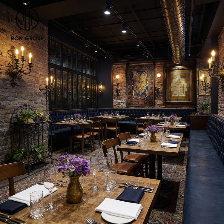 American Vintage Steakhouse Furniture Set with Blue Tufted Banquette Seating, Wooden Tables and Leather Dining Chairs