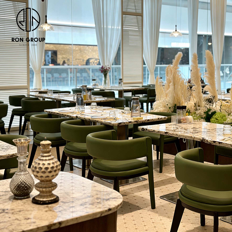 Modern Green Leather Restaurant Booth Seating Set with Square Sintered Stone Table and Matching Dining Chair