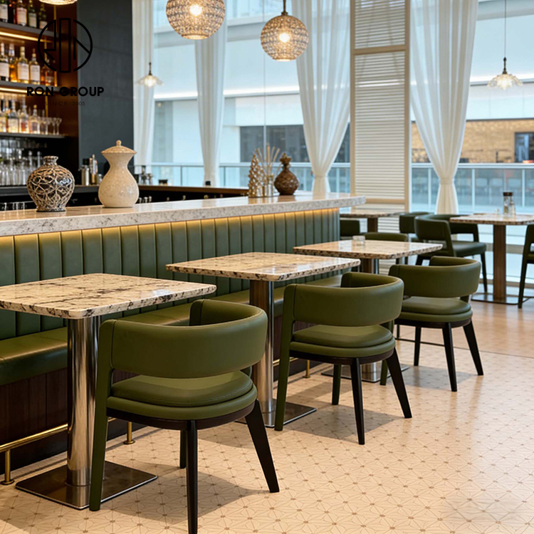 Modern Green Leather Restaurant Booth Seating Set with Square Sintered Stone Table and Matching Dining Chair