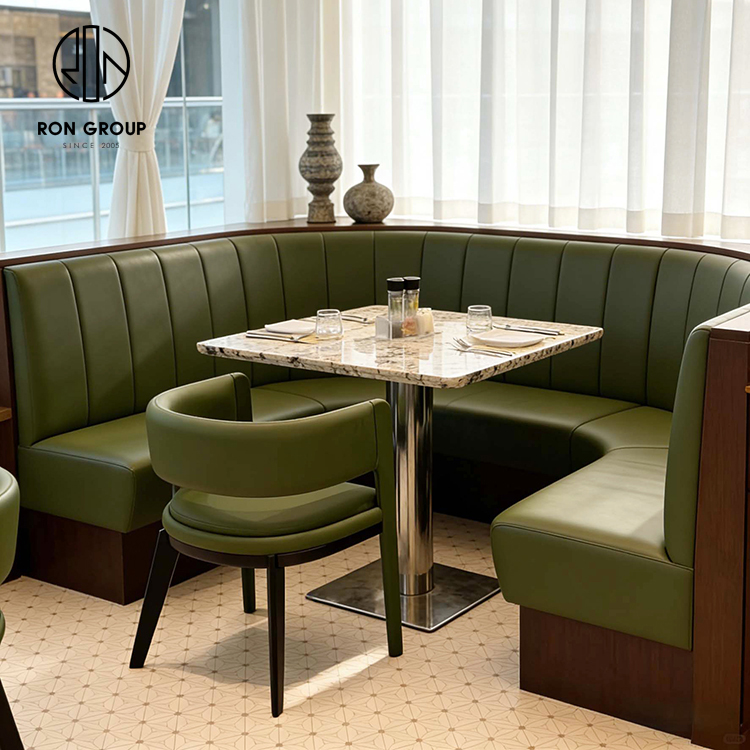 Modern Green Leather Restaurant Booth Seating Set with Square Sintered Stone Table and Matching Dining Chair