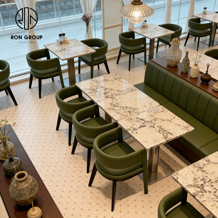 Modern Green Leather Restaurant Booth Seating Set with Square Sintered Stone Table and Matching Dining Chair